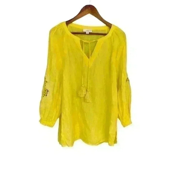 NWOT Charter Club Yellow Linen Embroidered Peasant Top - Picture 1 of 7